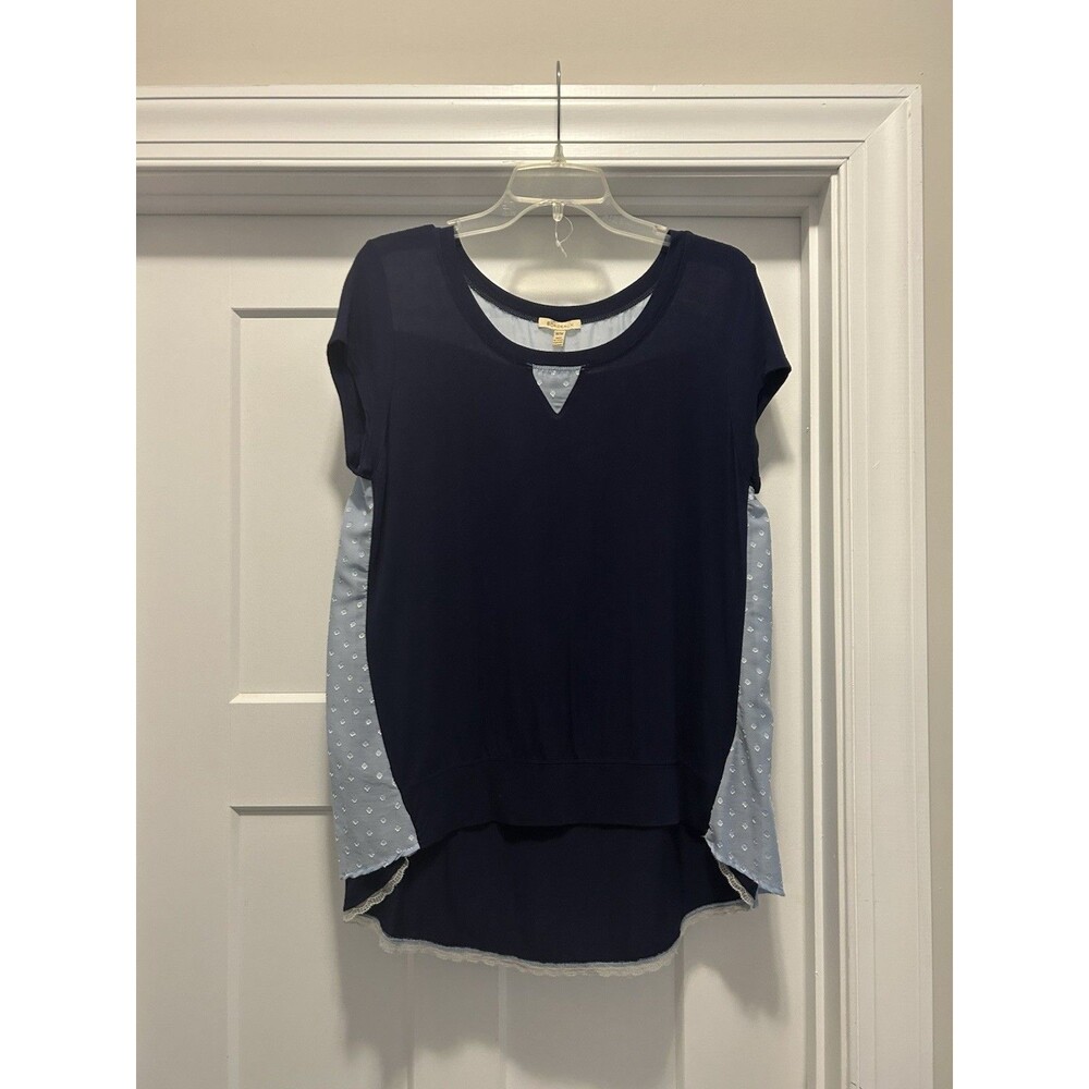 ANTHROPOLOGIE BORDEAUX LACE TRIM Shirt Size Medium Navy Blue Light Blue Casual